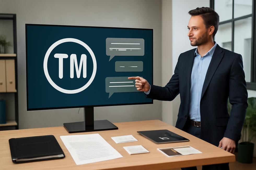 Business owner pointing at a digital screen showing a trademark symbol and slogans with legal and branding documents on a desk.