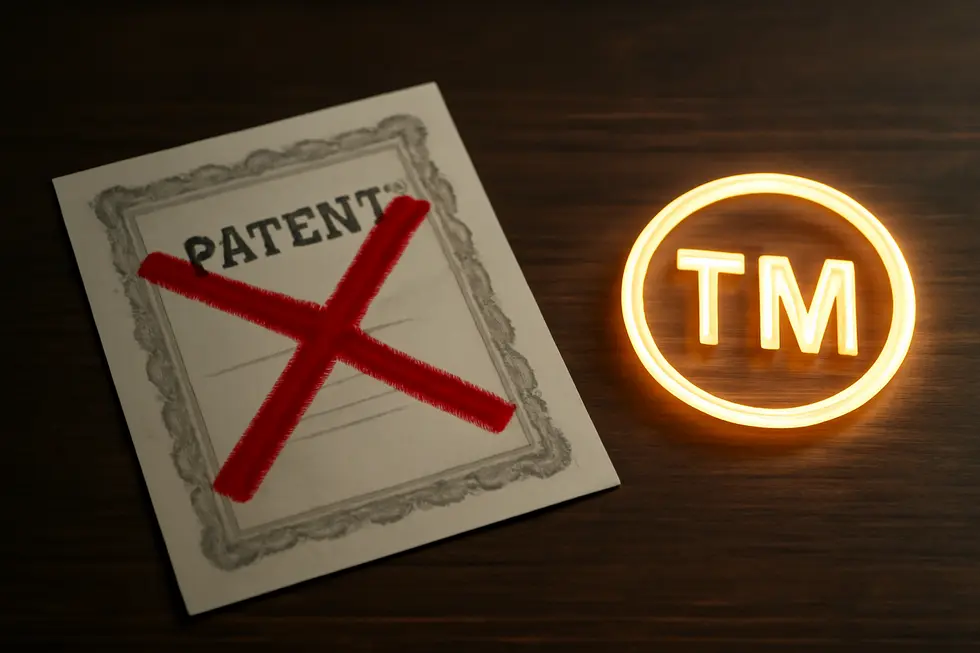 Visualizing why patenting a saying is impossible and how trademarks offer the true protection alternative.