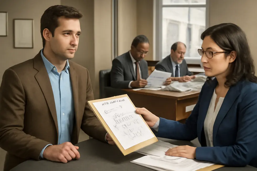 A business owner submitting a detailed patent application as examiners review technical diagrams and documents at a patent office.