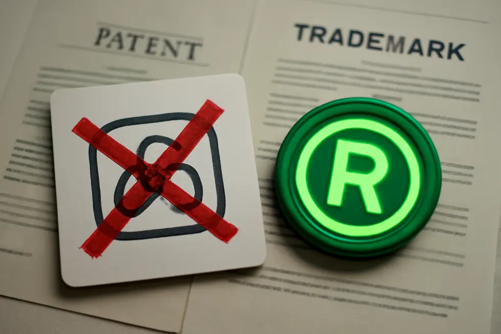 Visual comparison showing why logos cannot be patented but must be trademarked for brand protection.