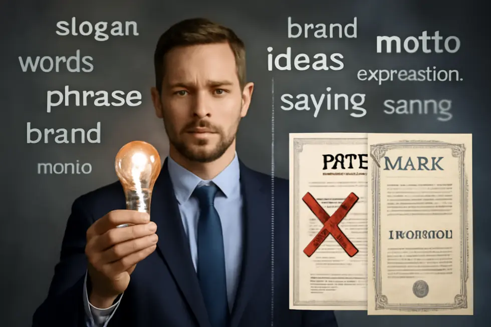 Visual distinction between patent protection and trademark protection for phrases.