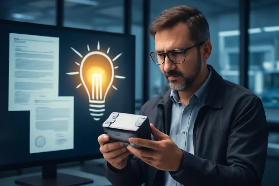 Inventor showcasing a patented innovation alongside official patent documents, illustrating exclusive rights protection.