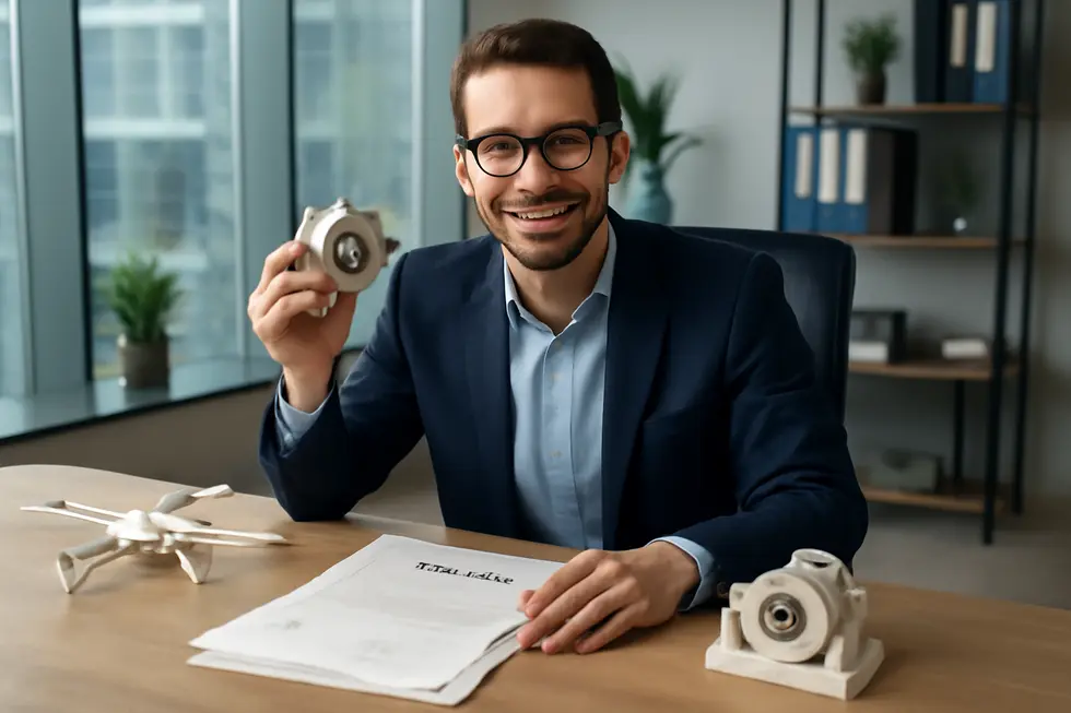An inventor showcasing a new invention while referencing patent documentation, highlighting the importance of patents in protecting innovations.