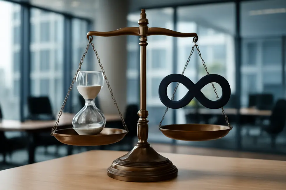 Illustration of a business owner evaluating the legal scope and timeline of copyright protection.