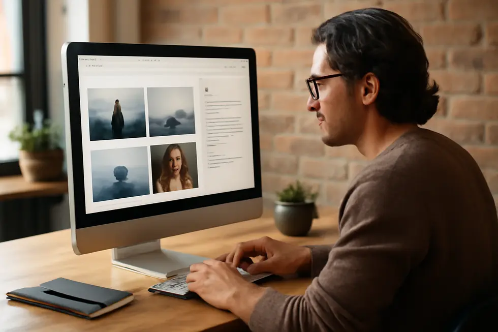 Business owner reviewing the significance of a copyright message on a website to protect digital content.
