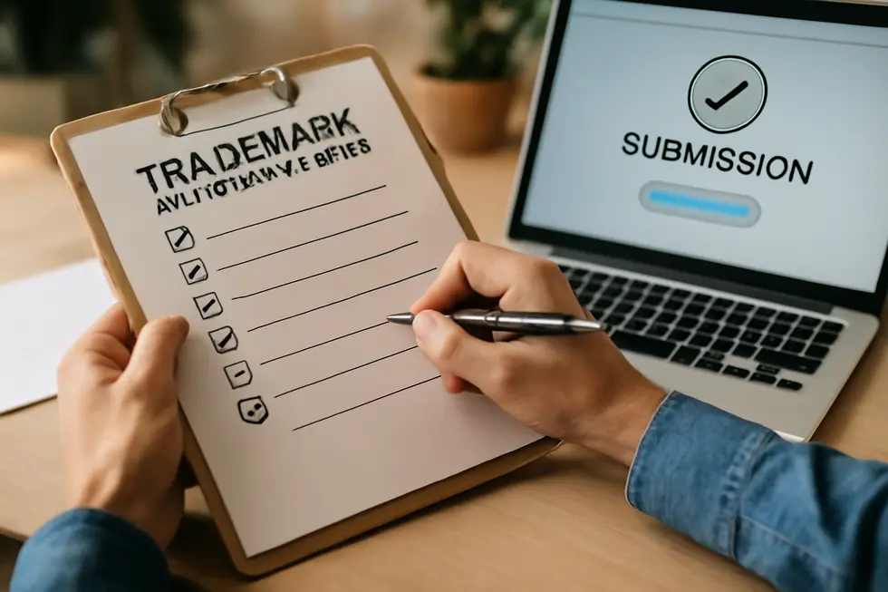 A business owner reviewing trademark protections for their name and logo with a legal expert.