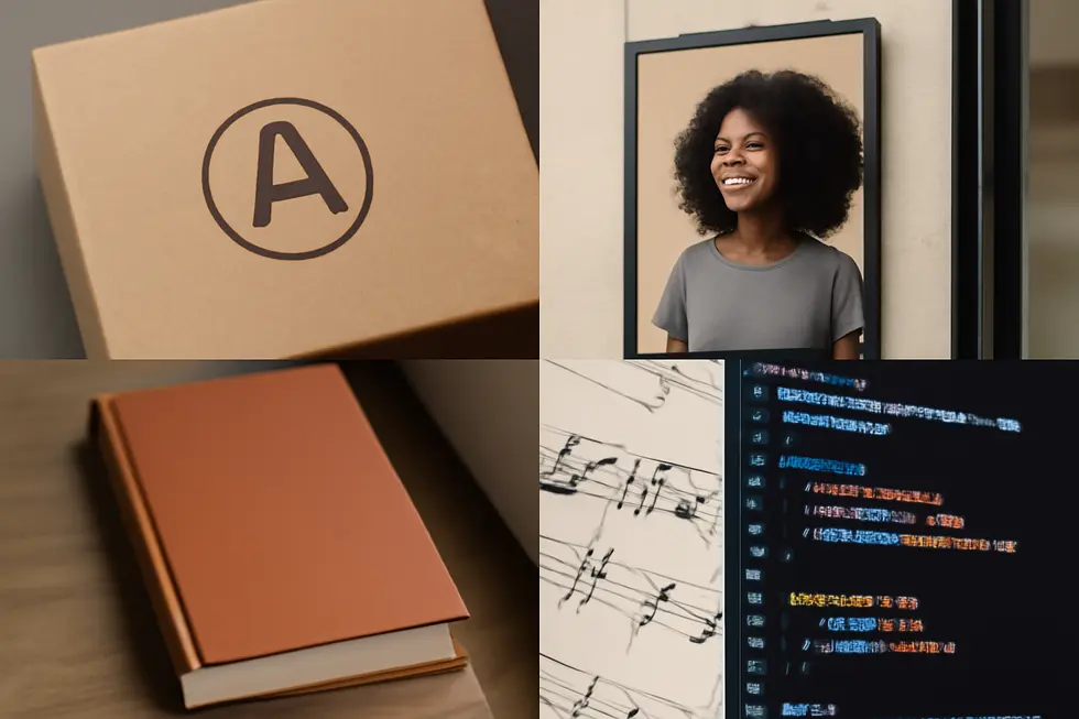 Visual contrast between trademarks protecting brand elements and copyrights safeguarding creative works.