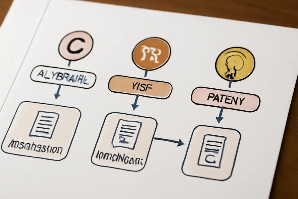 Visual comparison of copyright, trademark, and patent highlighting their unique definitions and core purposes.