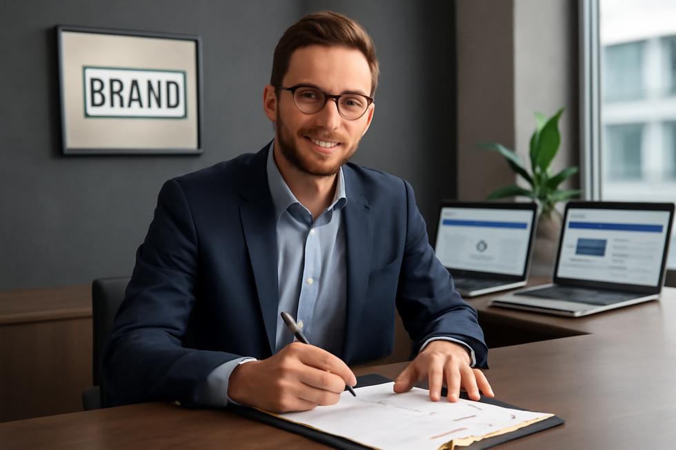 Business owner signing trademark paperwork in a modern office with legal branding materials in view.