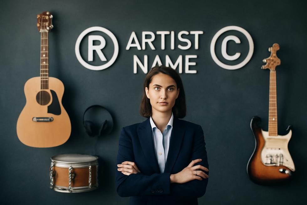 Photo-realistic image of a business professional in a music studio setting with trademark and copyright icons around an artist name.