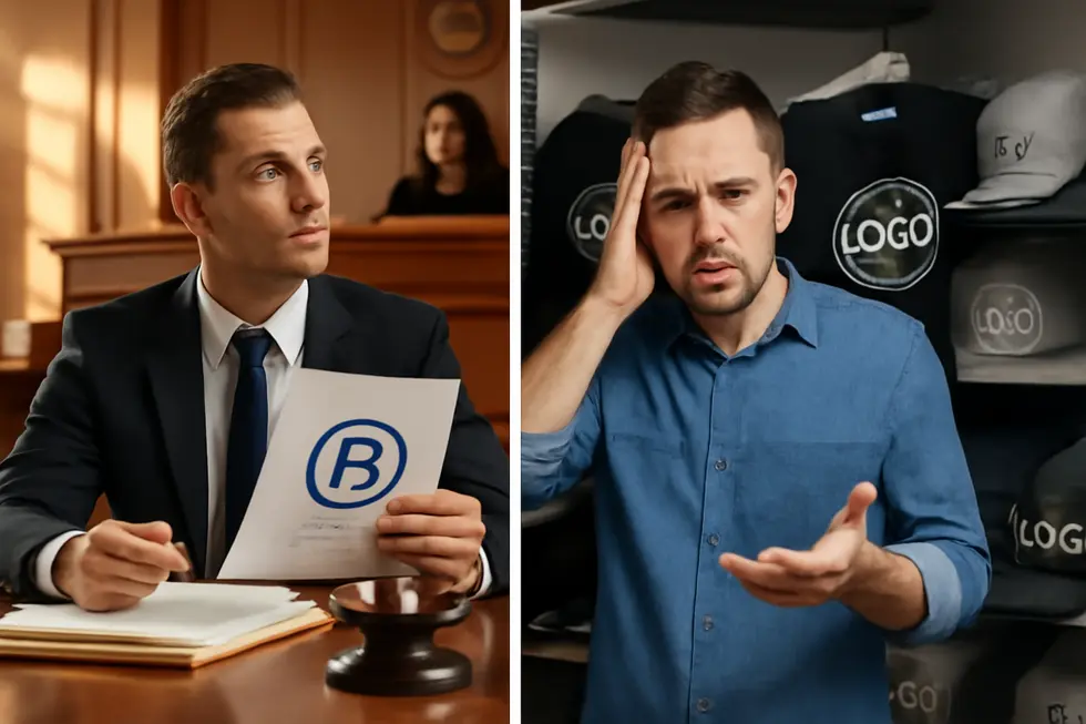 Business owner weighing the decision to trademark a logo, highlighting the consideration of legal protection.