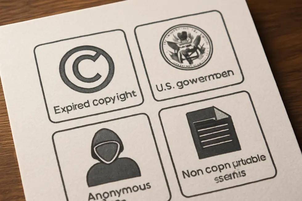 Business owner examines copyright and public domain concepts impacting commercial use.