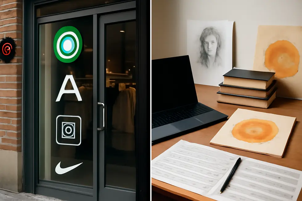 Visual contrast between trademarks protecting brand elements and copyrights safeguarding creative works.