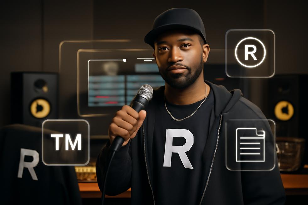 Rapper holding microphone in studio with trademark icons overlay representing brand protection.
