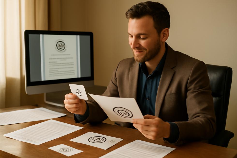 Business owner reviewing registered trademark materials and legal documentation in an office.