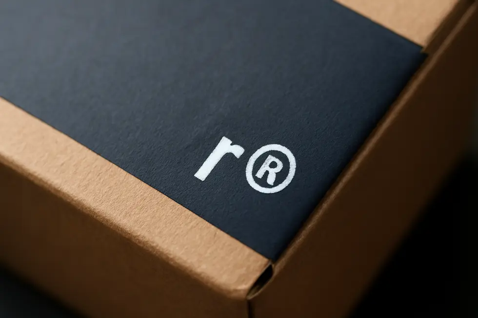 Proper placement of the ® symbol on product packaging highlights correct registered trademark use.