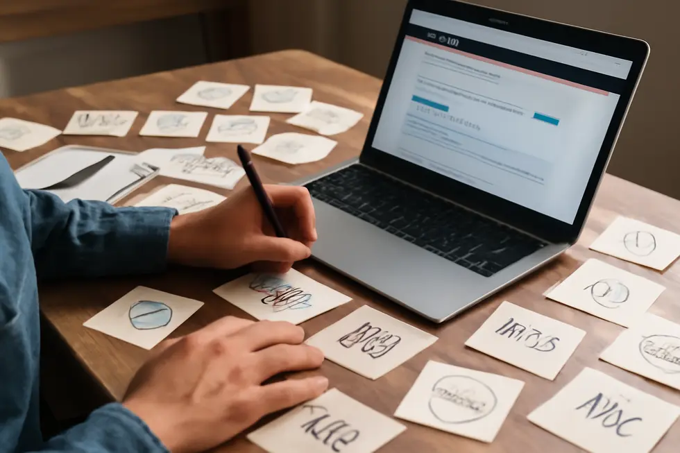 A business owner researching and selecting a unique artist name through online trademark searches.