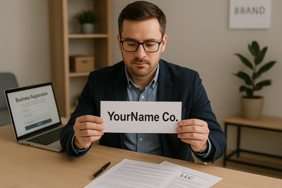 Small business owner in a modern office holding 'YourName Co.' sign near a laptop and official legal business documents with LLC wording.