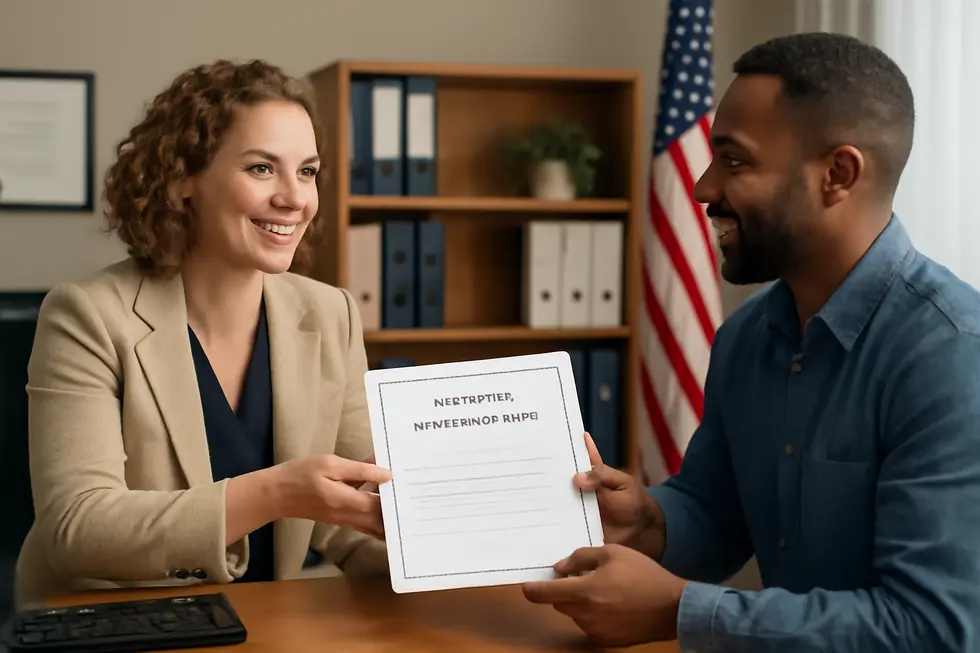 Business owner holding a federal trademark certificate emphasizing nationwide company name protection.