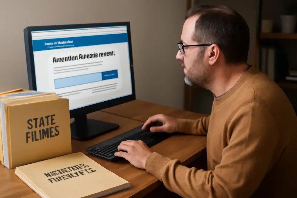 Business owner using a state database to check for available business names and comply with state registration rules.