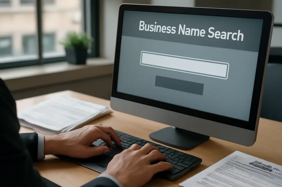 Business owner checking state business name availability to comply with registration rules.
