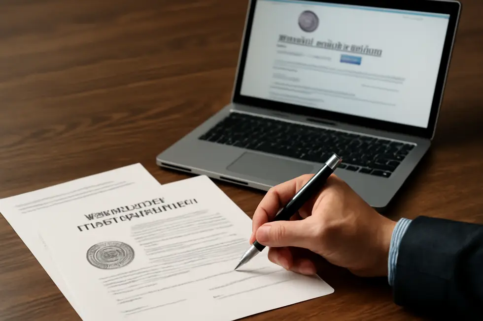 A business owner carefully searching databases to confirm company name availability and uniqueness.
