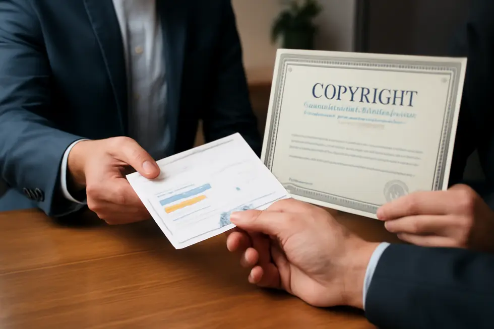 Business owner reviewing creative work with digital copyright symbols illustrating automatic protection.