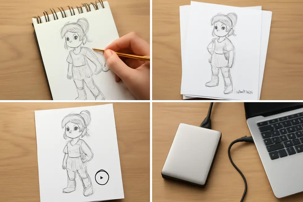 A creator capturing a character in tangible form, triggering automatic copyright protection.