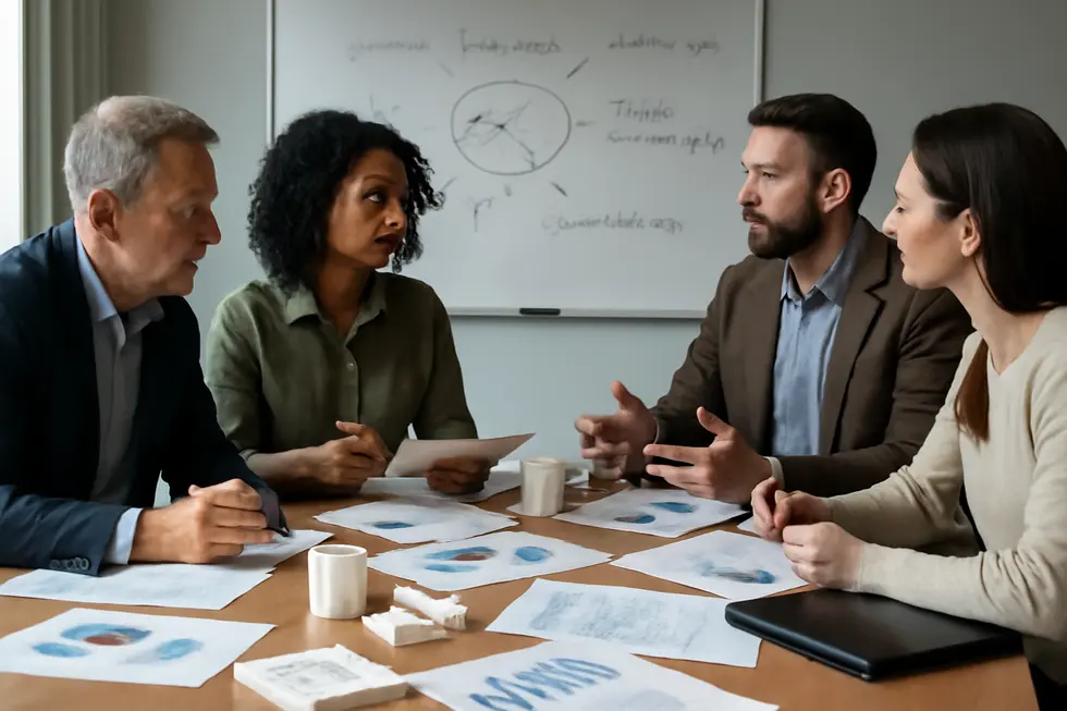 Visual breakdown of the four main types of intellectual property with business owners analyzing their assets.