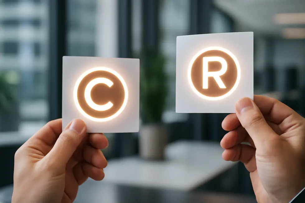 Business owner examining copyright and trademark concepts with legal symbols and documents.
