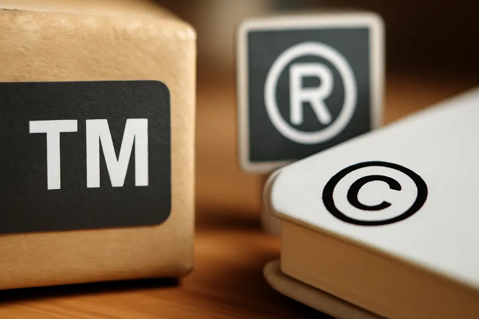 Visual contrast between trademarks protecting brand elements and copyrights safeguarding creative works.