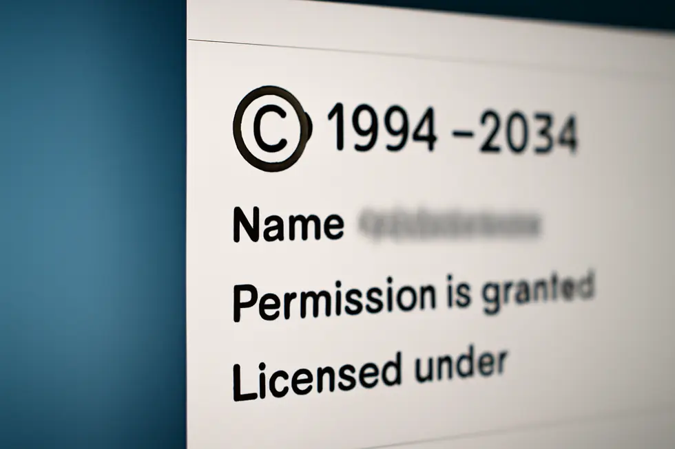 Copyright notices with symbols and legal elements illustrating foundational copyright formats and legal implications.