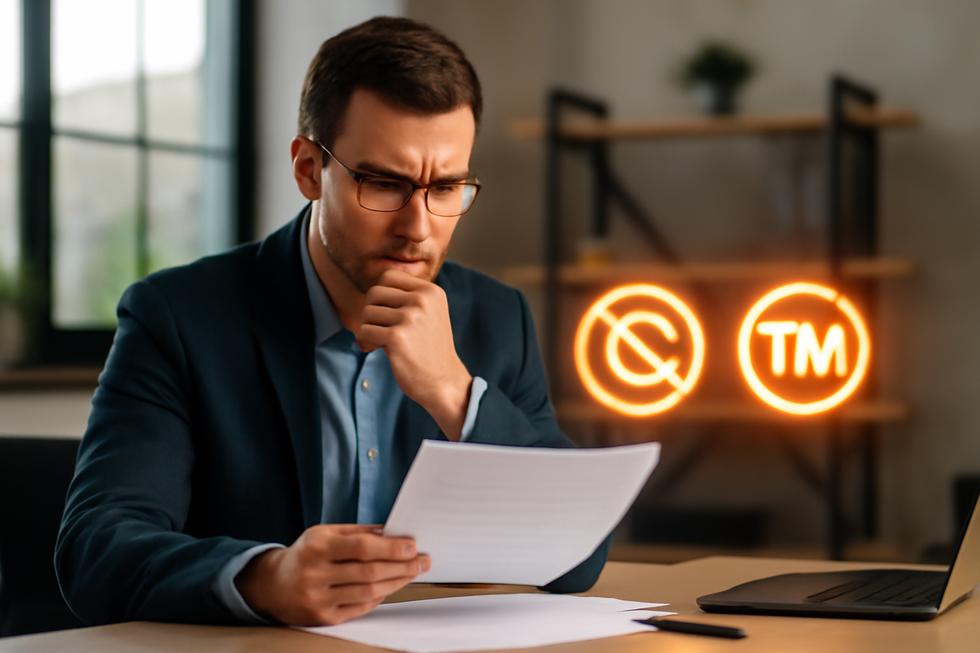 Business owner reviewing legal documents with symbols of copyright crossed out and trademark highlighted, in a modern office.