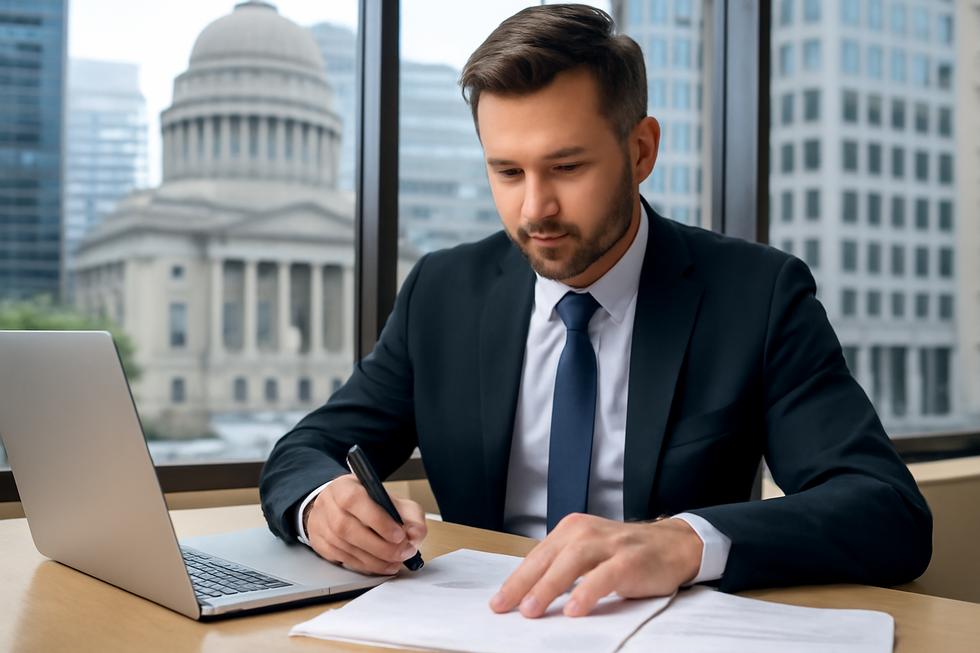 Business owner filling out trade name registration documents with government buildings in the background.