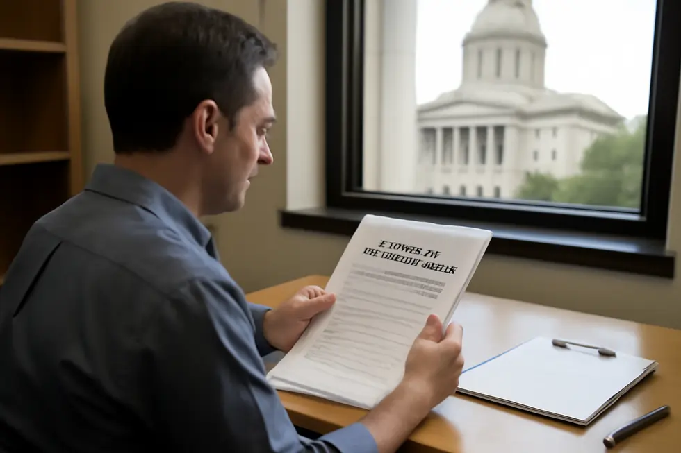 A business owner reviews paperwork related to trade name registration, emphasizing legal obligations.