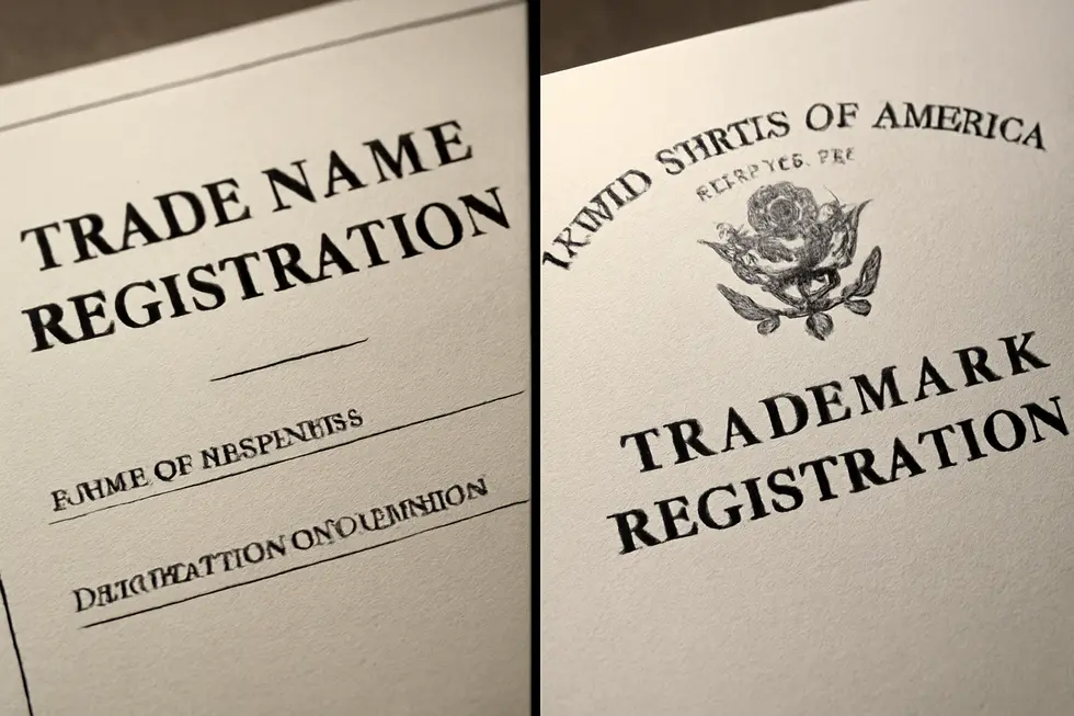 A business owner reviews paperwork related to trade name registration, emphasizing legal obligations.