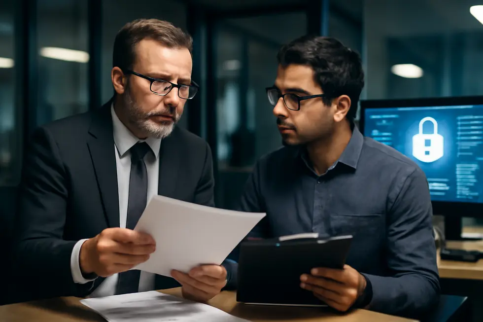 An inventor showcasing a new invention while referencing patent documentation, highlighting the importance of patents in protecting innovations.