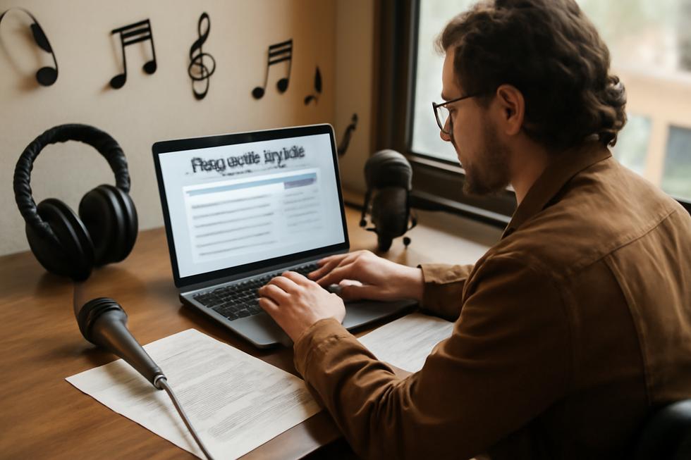 Person working on a laptop with USPTO trademark site open, surrounded by music gear and trademark documents.