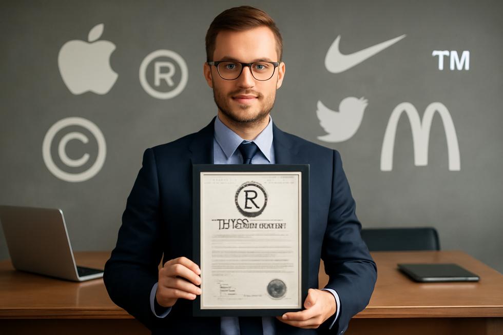 Photo-realistic image of a business owner holding a trademark certificate with brand logos in the background representing legal brand protection.