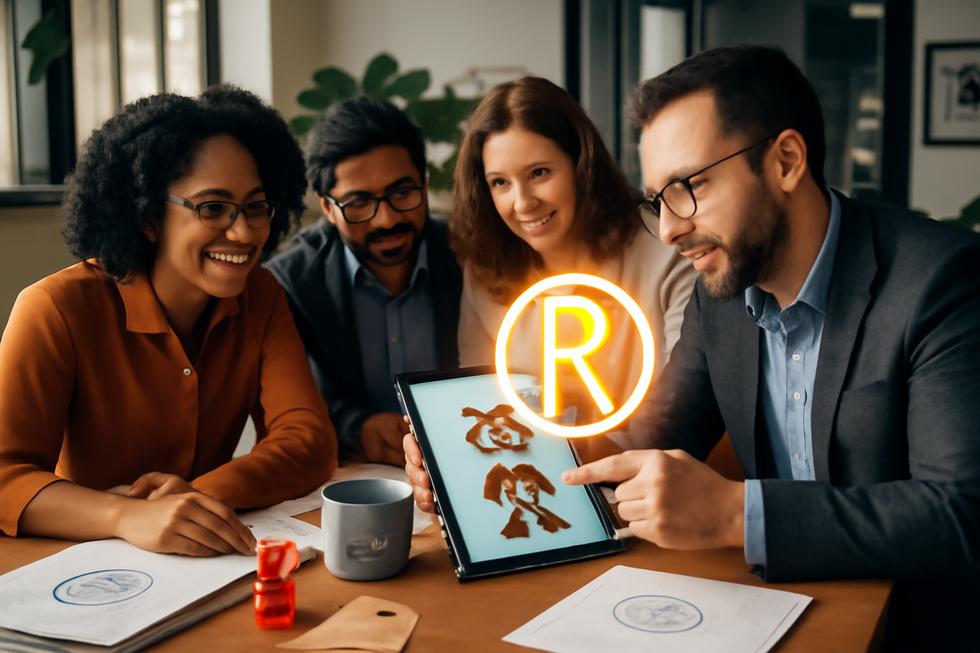Group of professionals reviewing a character design and trademark paperwork in a modern office with a registered trademark symbol.