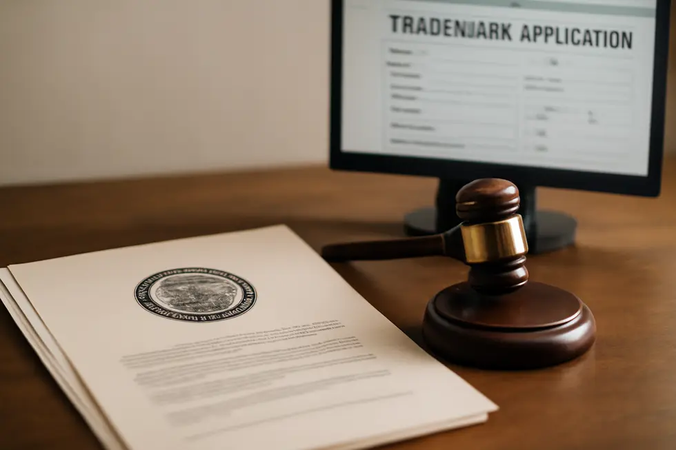 A collaborative team developing unique brand elements that illustrate the core functions of trademarks.