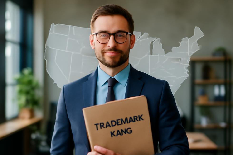 Entrepreneur holding trademark and LLC folder with a highlighted U.S. map illustrating federal trademark protection.
