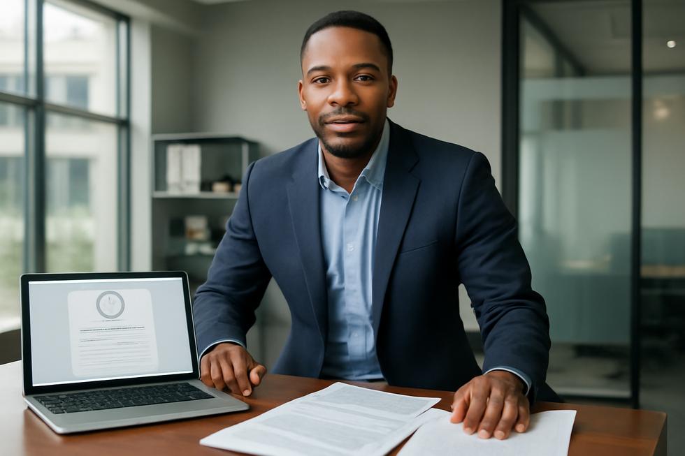 Confident business owner in an office with trademark documents and application on a laptop.