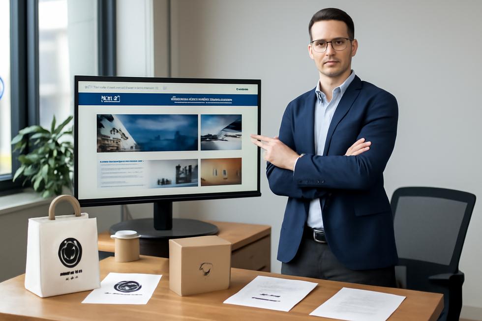 Entrepreneur in modern office interacting with USPTO website, logos, products, and trademark documentation nearby.
