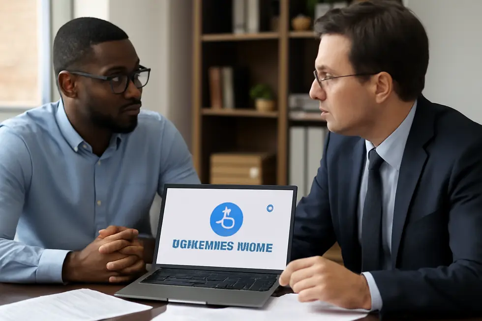 A business owner reviewing trademark protections for their name and logo with a legal expert.