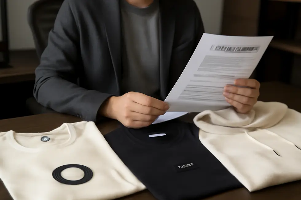 Business owner reviewing trademark documents to secure brand identity in the clothing industry.