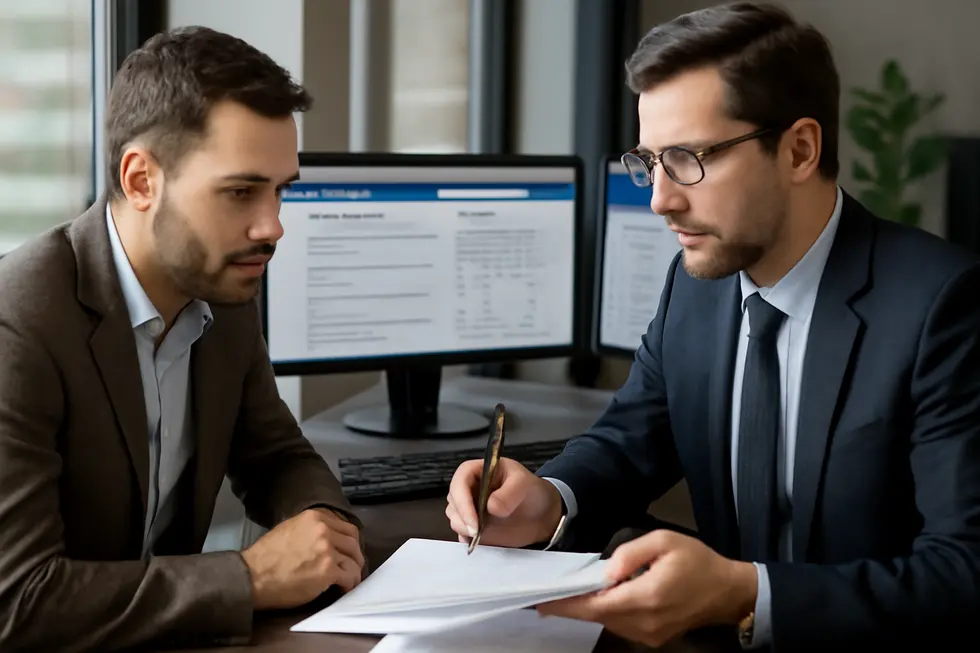 Business owner reviewing the trademark registration process with an expert to secure company name rights.