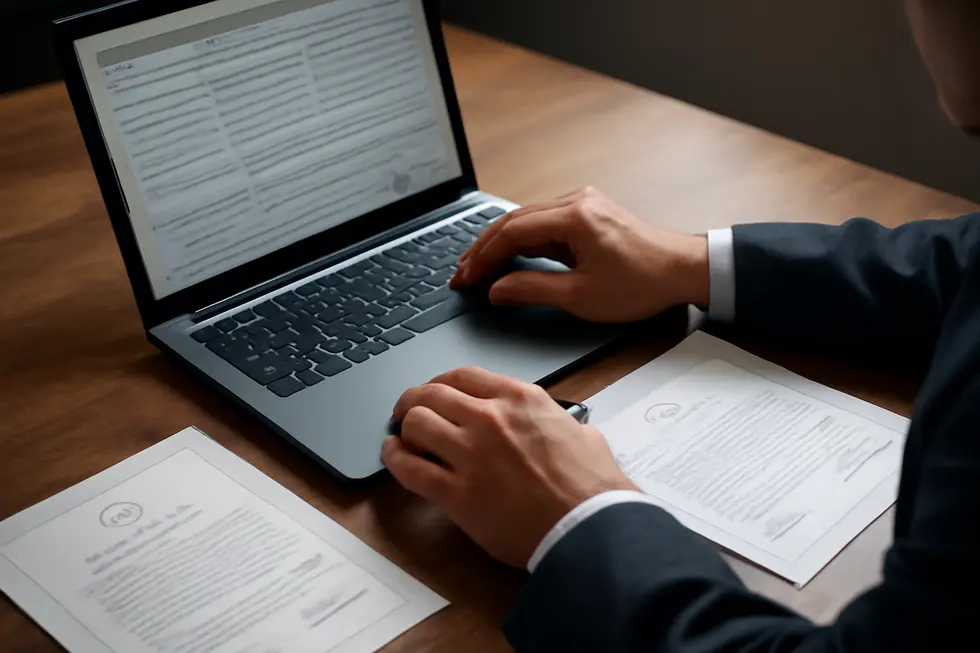 Business owner examining copyright and trademark concepts with legal symbols and documents.