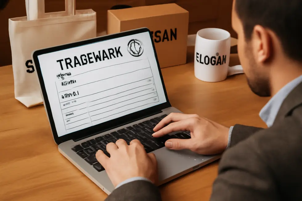 Visual comparison between copyright protection for creative works and trademark protection for slogans and brand identifiers.