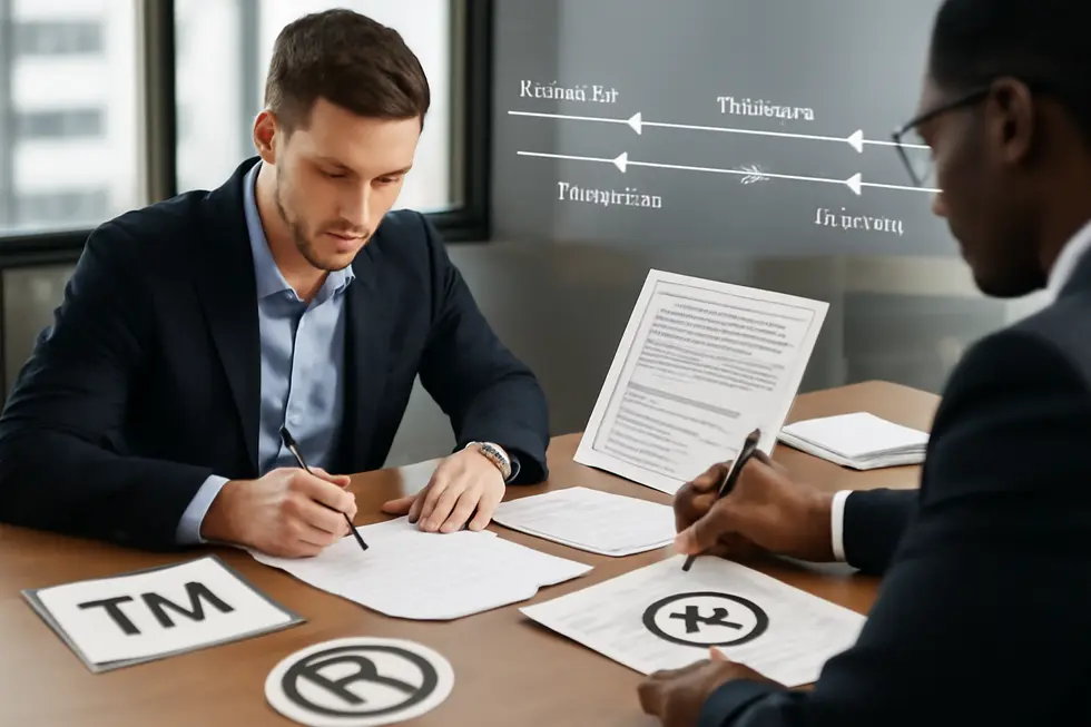 A business owner reviewing trademark elements, symbolizing the core components and purpose of trademark law.